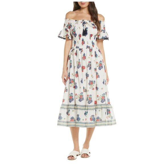 Tory Burch Ivory Tea Rose Floral Smocked Off Shoulder Midi Dress - Size S - Picture 1 of 10